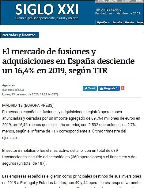 El mercado de fusiones y adquisiciones en Espaa desciende un 16,4% en 2019, segn TTR